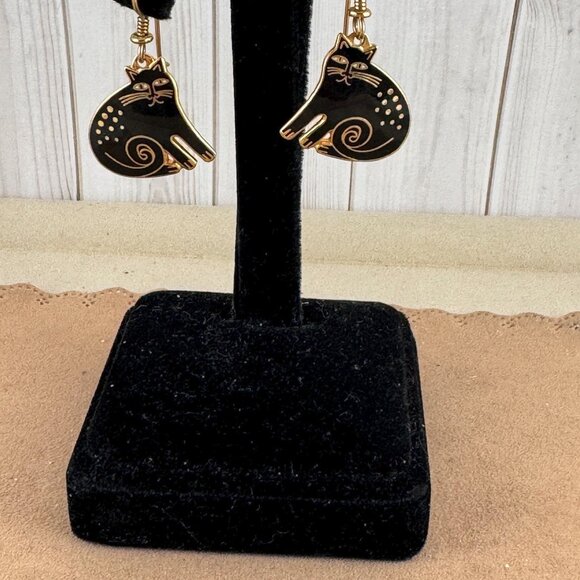 Vintage Laurel Burch Black Enameled KESHIRE CATS Pierced  French Wires Earring - Picture 2 of 7